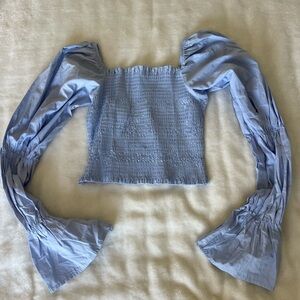 Chic Blue Smocked Blouse with Flared Sleeves